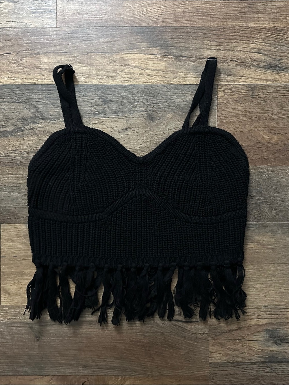 wild fable Black Knit Crop Top with Fringe Detail